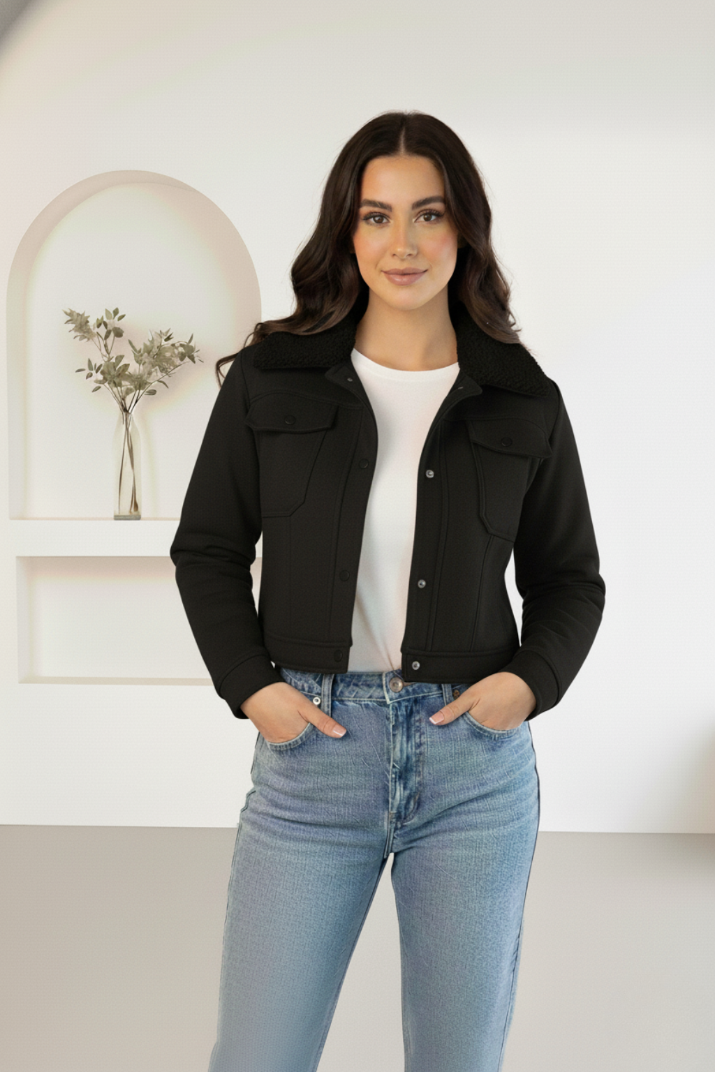 Chaqueta  de gamuza para mujer con cuello peluche