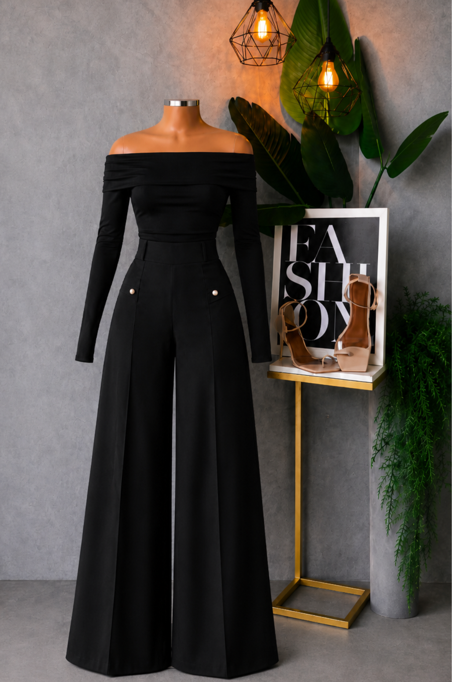 Conjunto de Pantalon Palazo tiro Alto + Blusa Cuello Bandeja