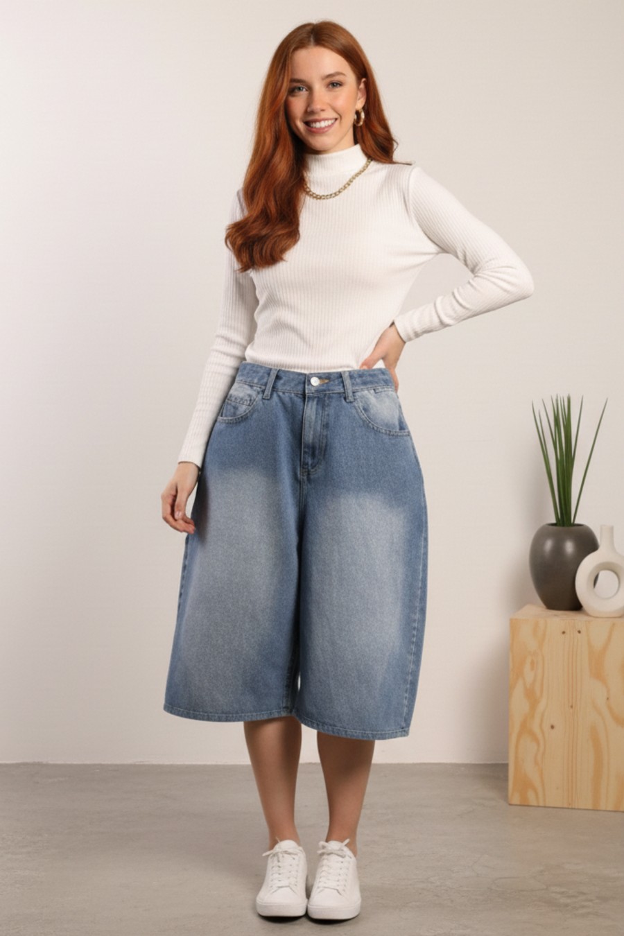 Bermuda De Jean Mujer Tiro Alto