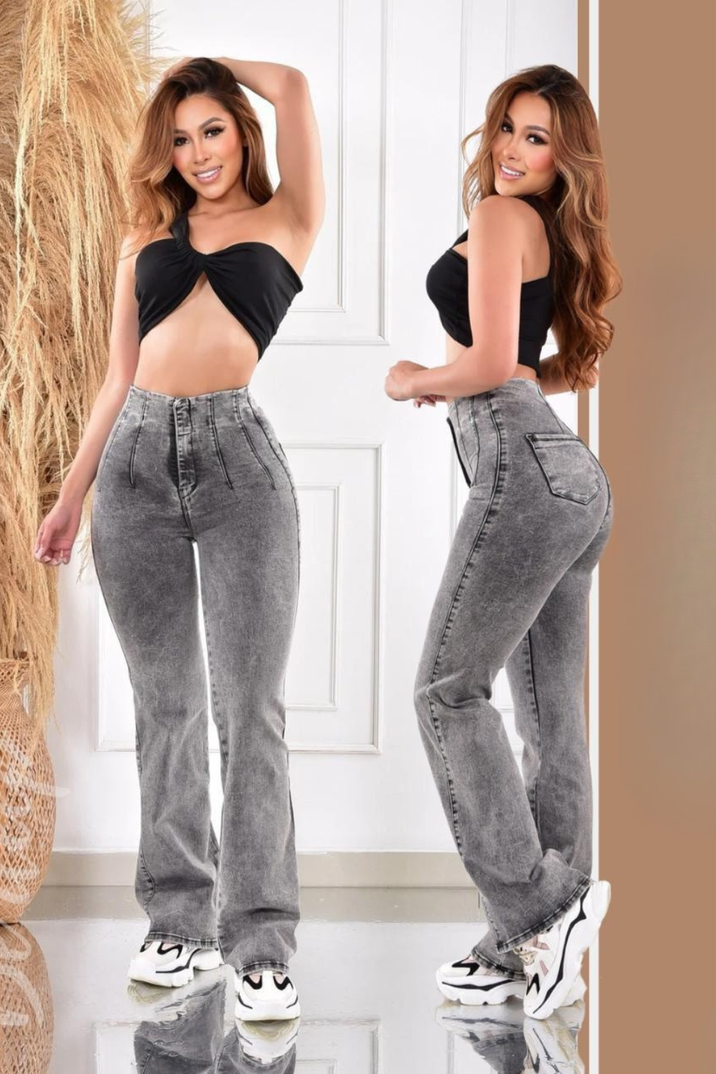 Jean efecto lipo mujer tiro alto bota campana con levantacola  unicolor