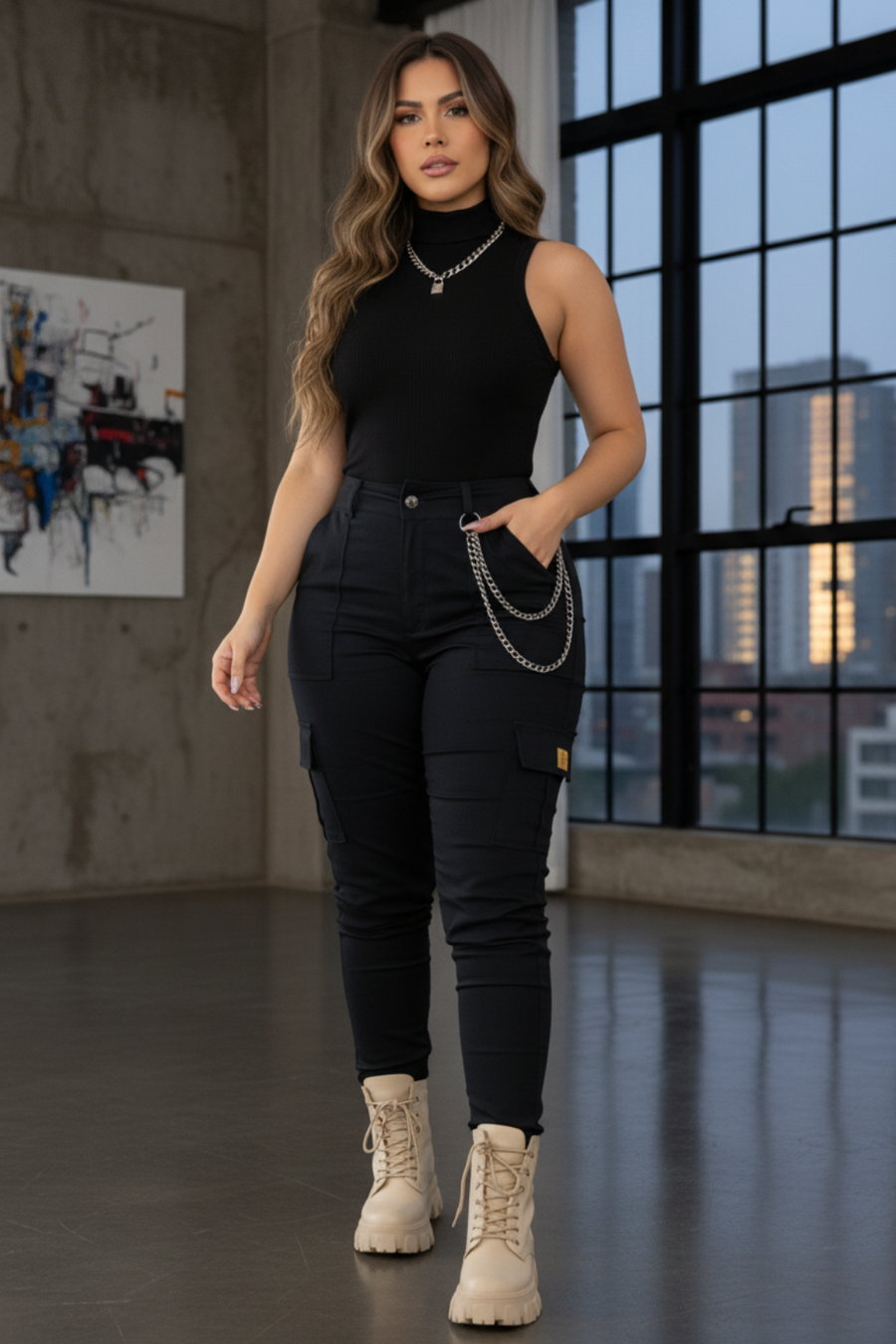 Pantalón cargo negro con cadena