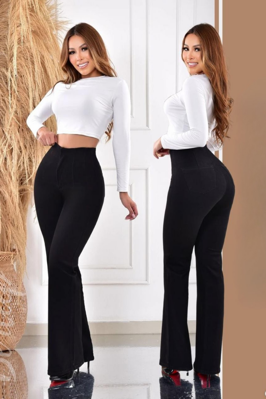 Jean efecto lipo mujer tiro alto bota campana con levantacola unicolor