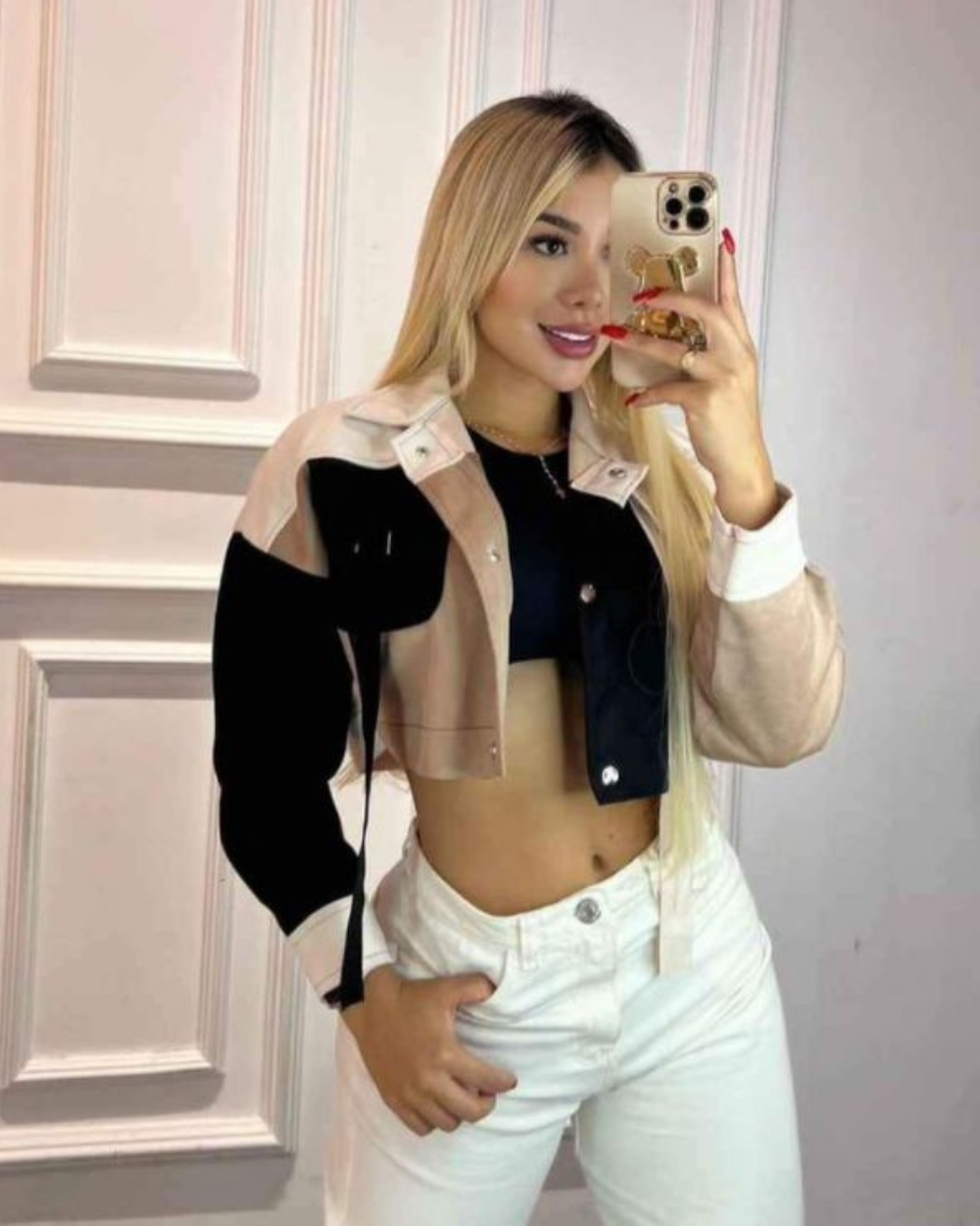 Chaqueta Clasica Para Mujer Combinada En Gamuza