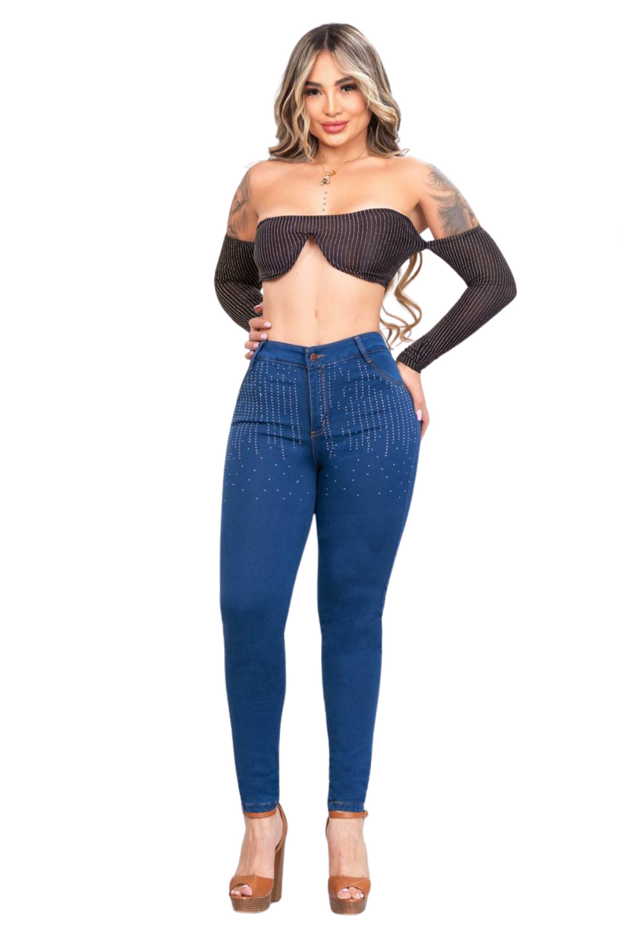 Jean skinny tiro alto con brillos con horma para mujer