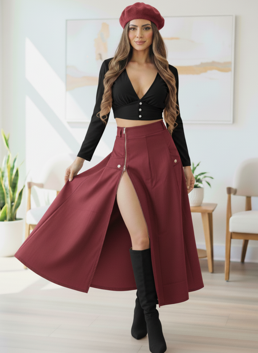 Conjunto Blusa cuello V y Falda larga