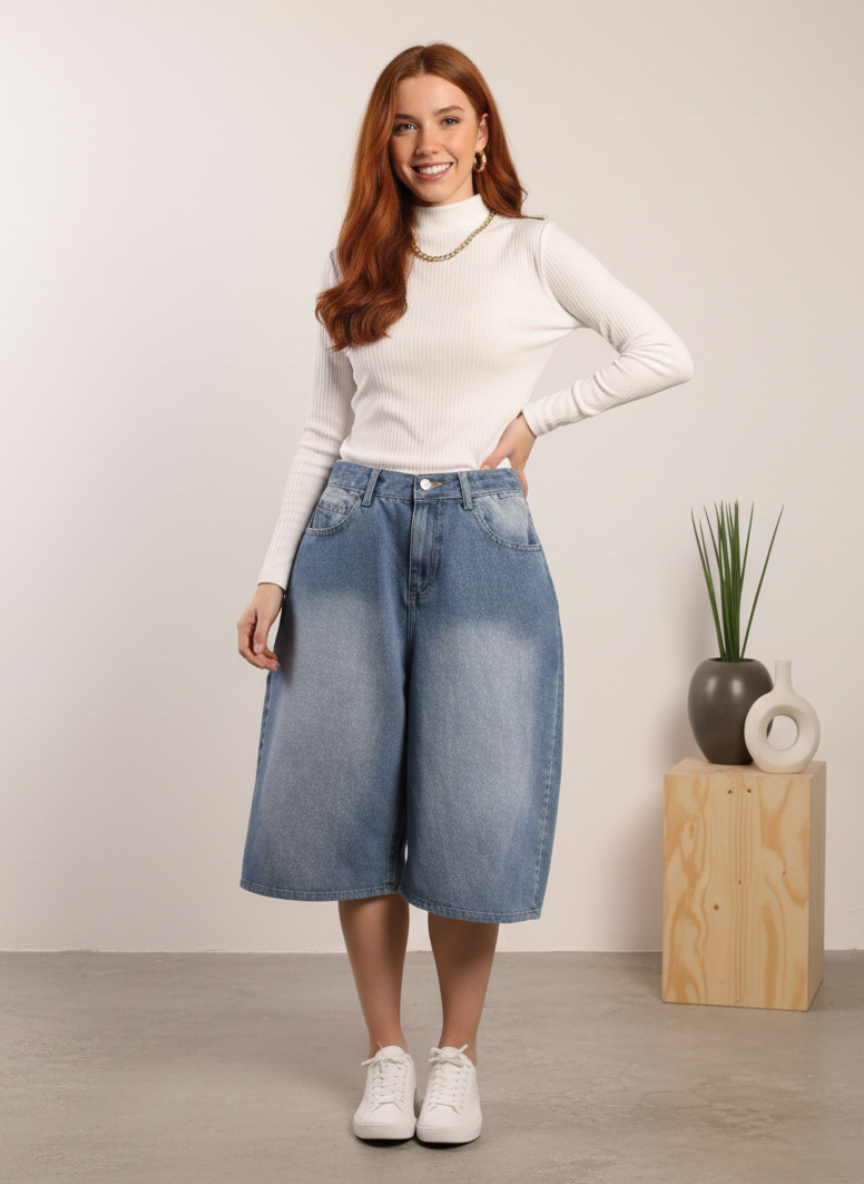 Bermuda De Jean Mujer Tiro Alto