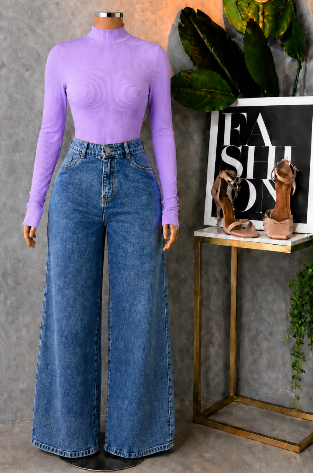 Conjunto de Pantalo de Jean Bota recta + Blusa Cuello Alto