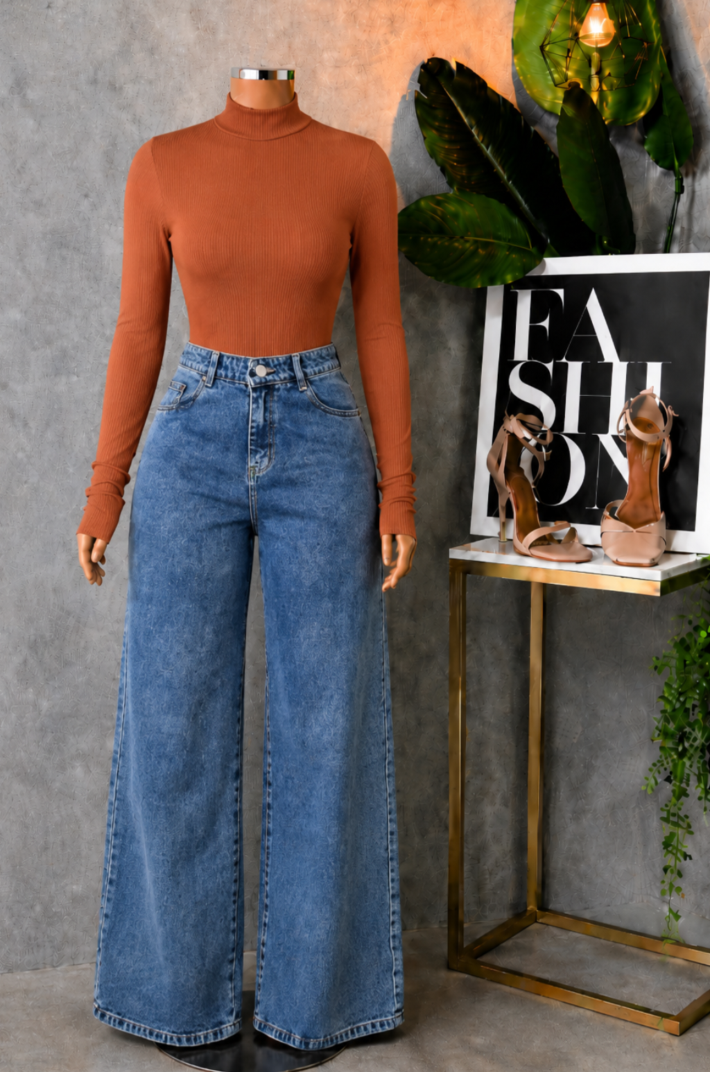 Conjunto de Pantalo de Jean Bota recta + Blusa Cuello Alto