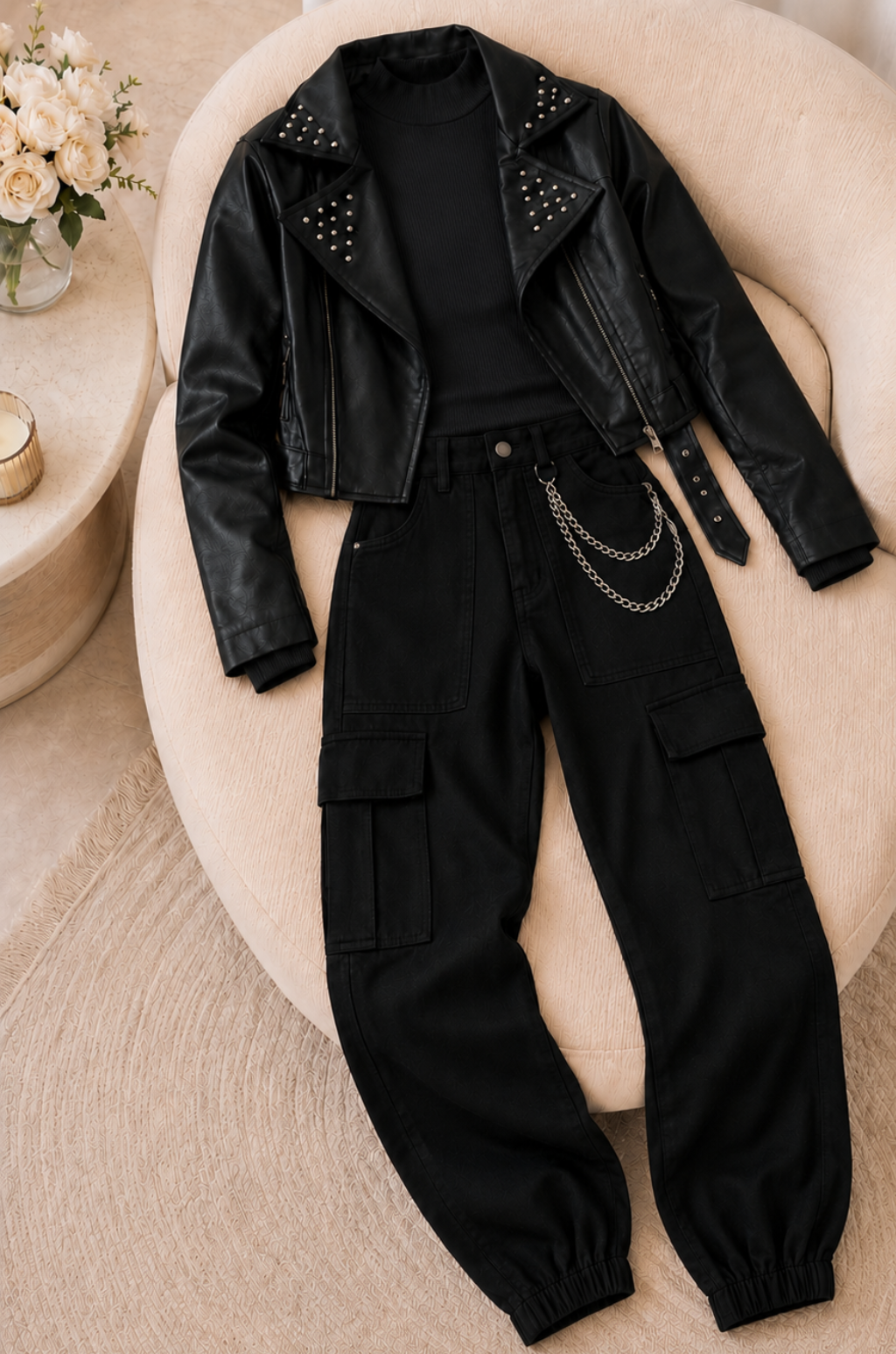 Conjunto de Chaqueta Chamarra + Pantalon Cargo + Blusa cuello Alto