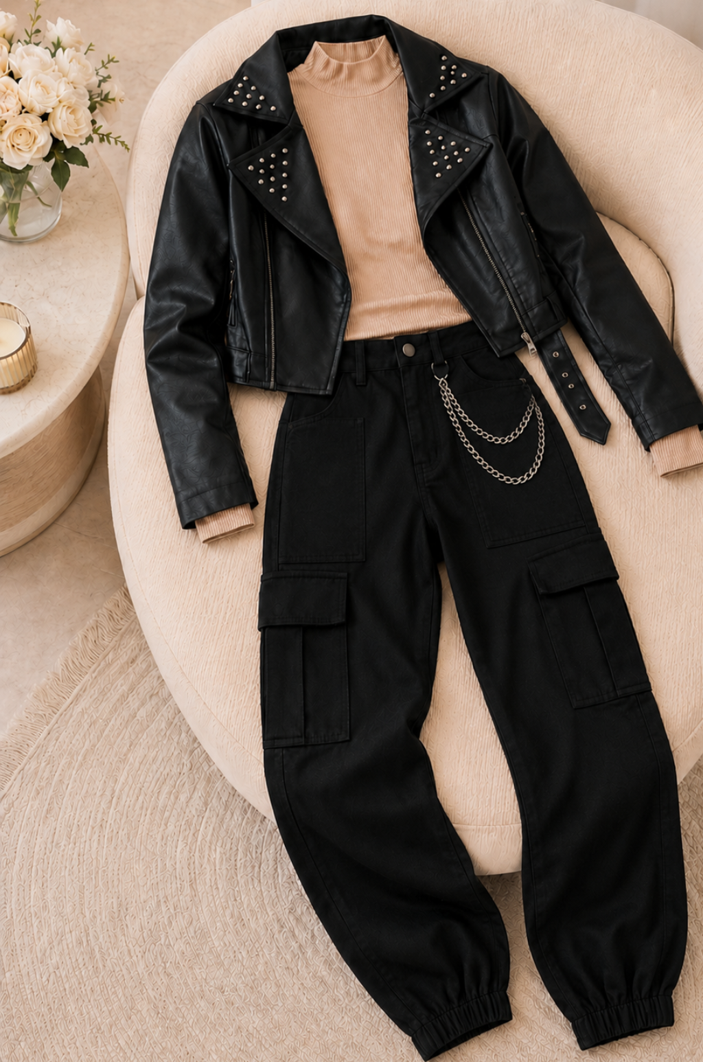 Conjunto de Chaqueta Chamarra + Pantalon Cargo + Blusa cuello Alto