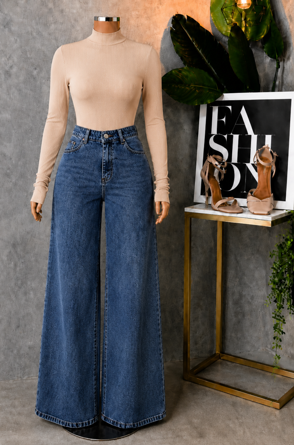 Conjunto de Pantalo de Jean Bota recta + Blusa Cuello Alto