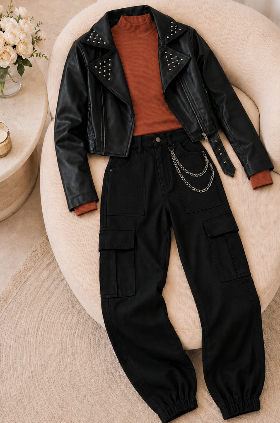 Conjunto de Chaqueta Chamarra + Pantalon Cargo + Blusa cuello Alto