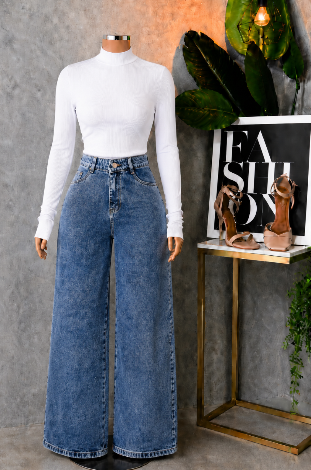 Conjunto de Pantalo de Jean Bota recta + Blusa Cuello Alto