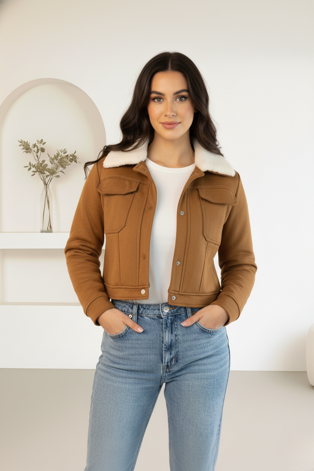 Chaqueta  de gamuza para mujer con cuello peluche