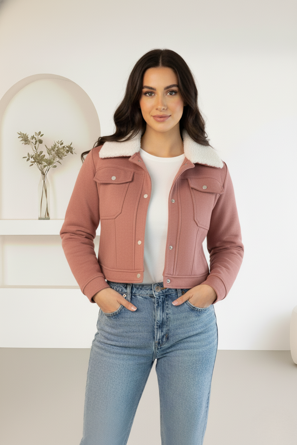Chaqueta  de gamuza para mujer con cuello peluche