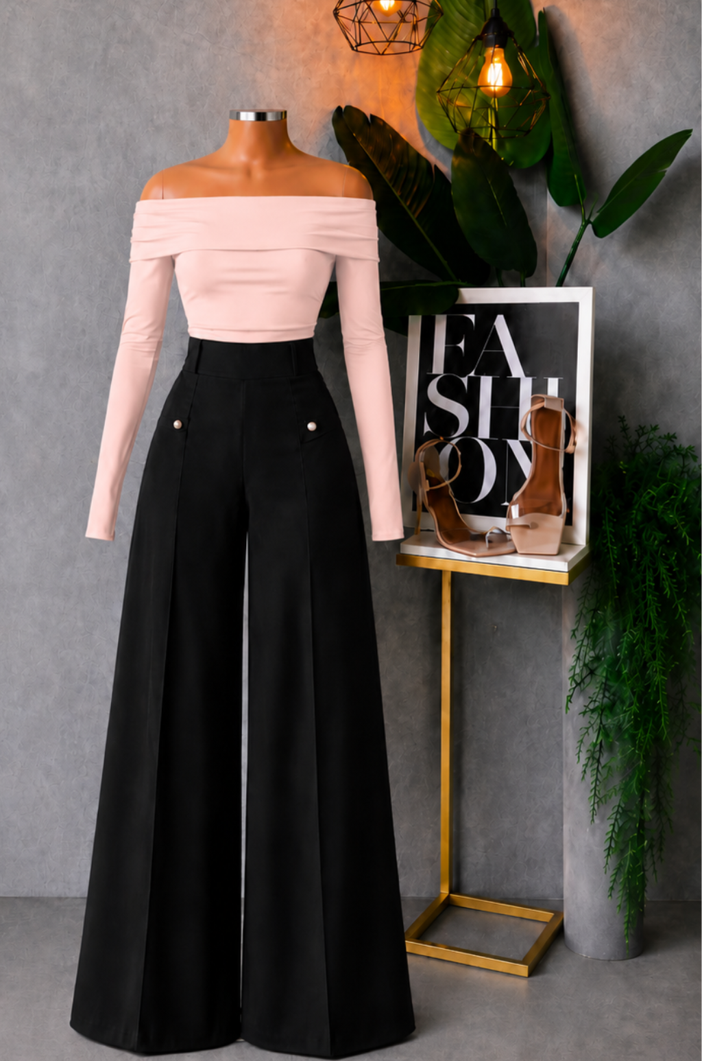 Conjunto de Pantalon Palazo tiro Alto + Blusa Cuello Bandeja