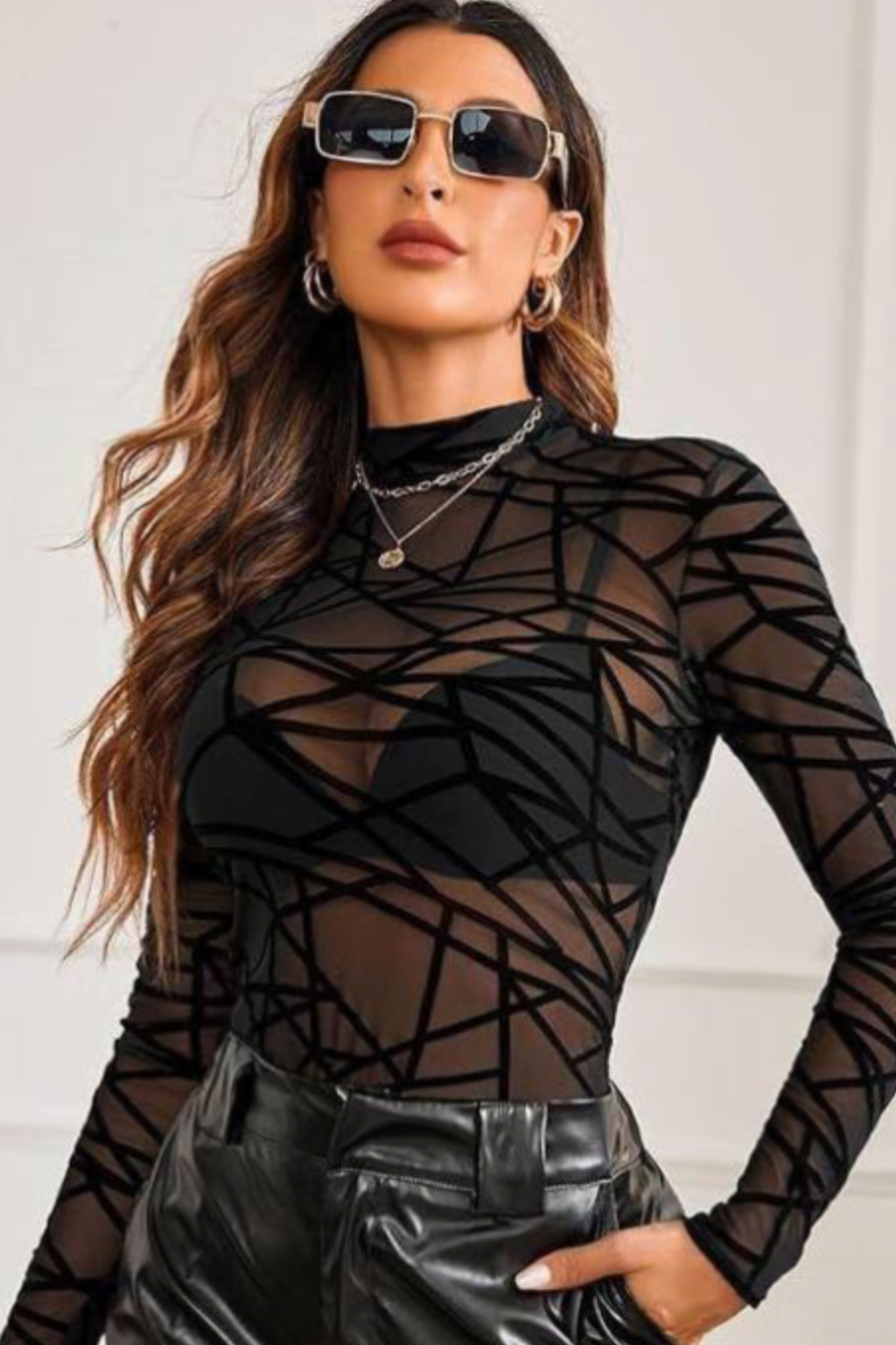 Body Transparente Negro Con  Manga Larga Mujer