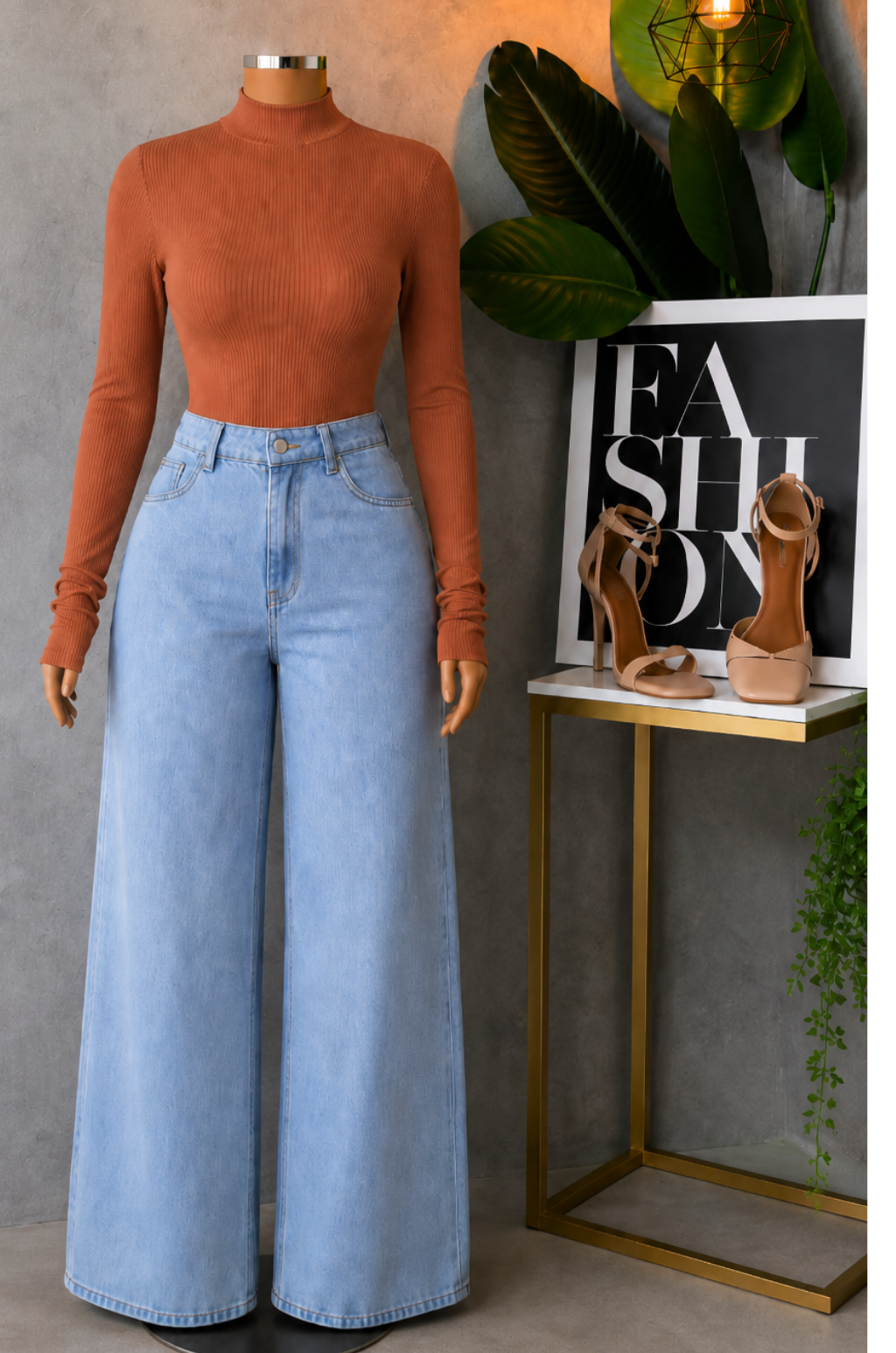 Conjunto de Pantalo de Jean Bota recta + Blusa Cuello Alto