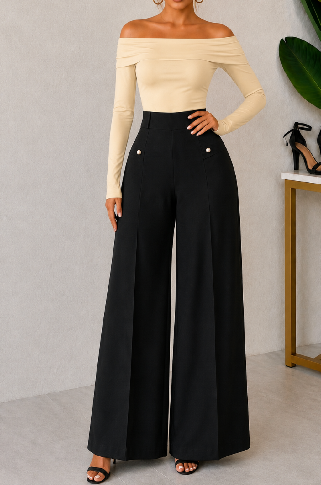 Conjunto de Pantalon Palazo tiro Alto + Blusa Cuello Bandeja