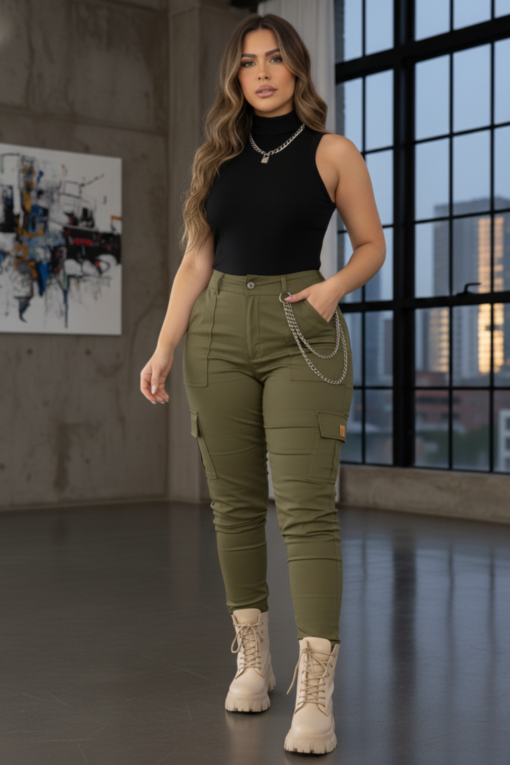 Conjunto blusa cuello y pantalon cargo