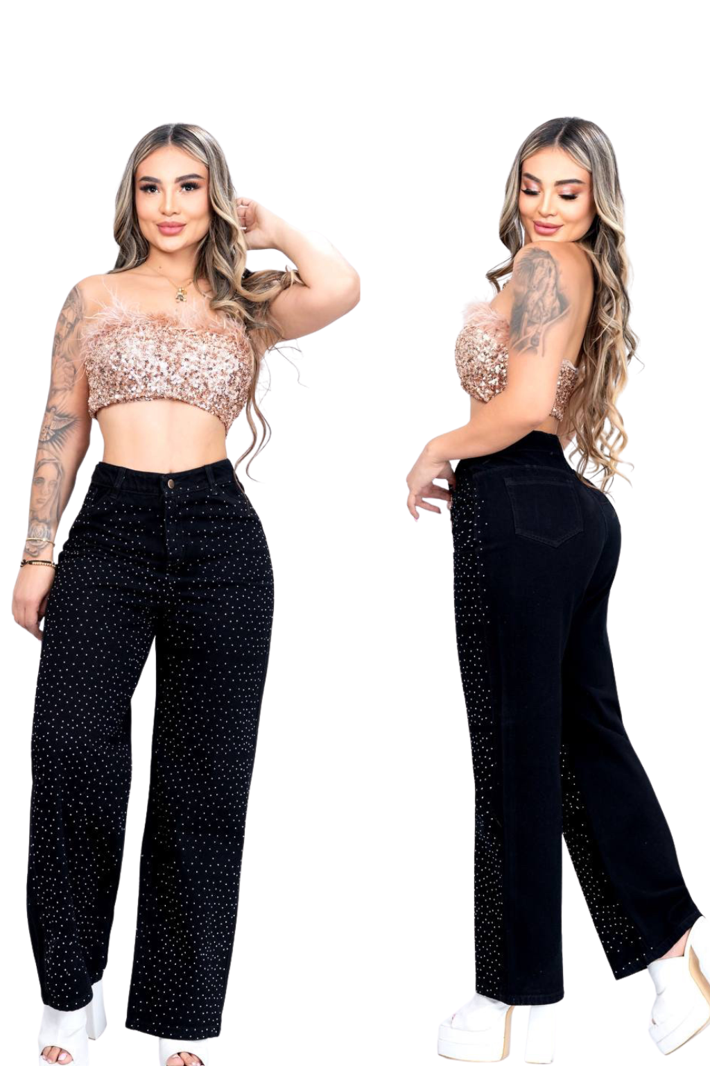 Jean negro tiro alto, bota recta con brillos