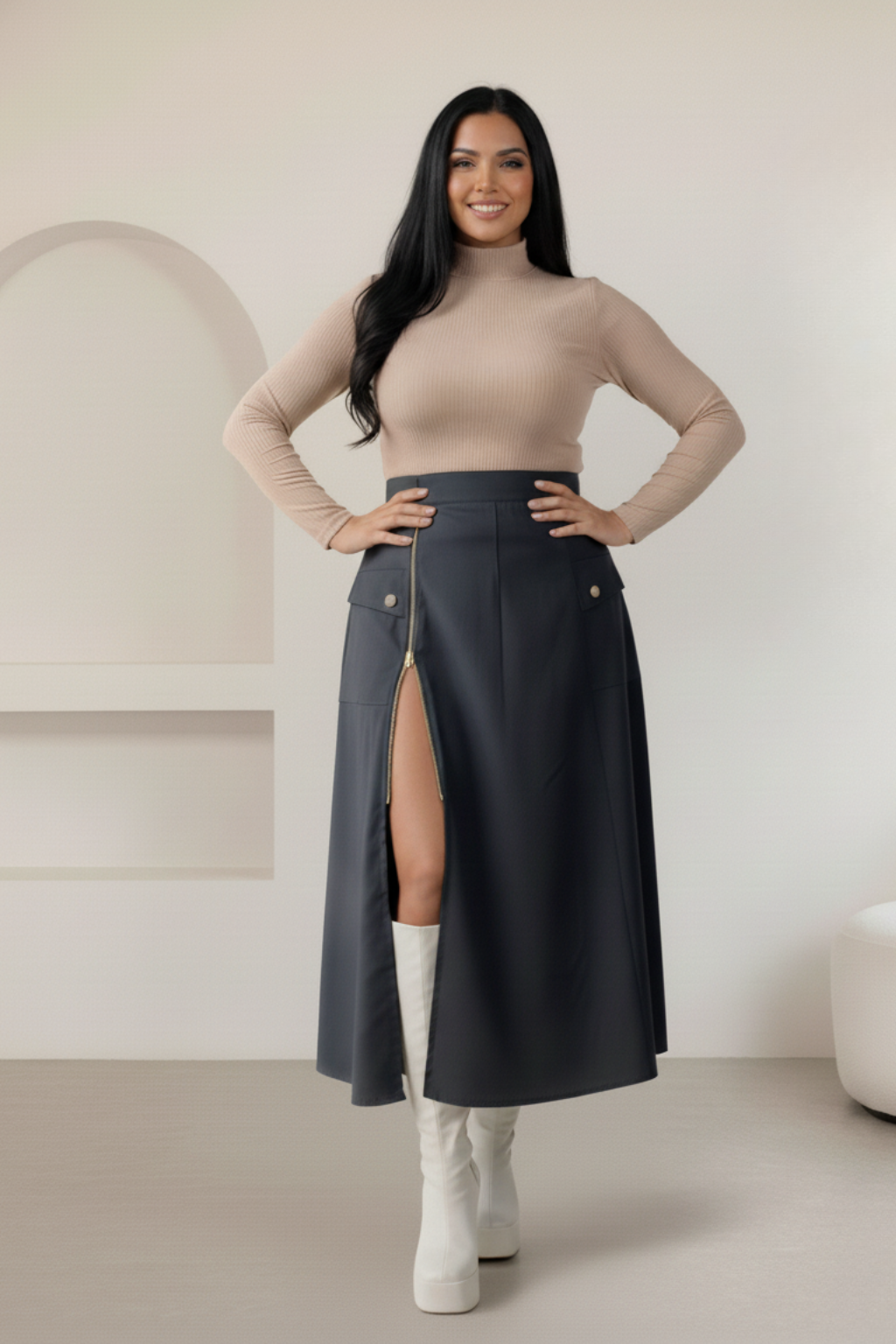 Conjunto Falda larga Cremallera y Blusa cuello alto