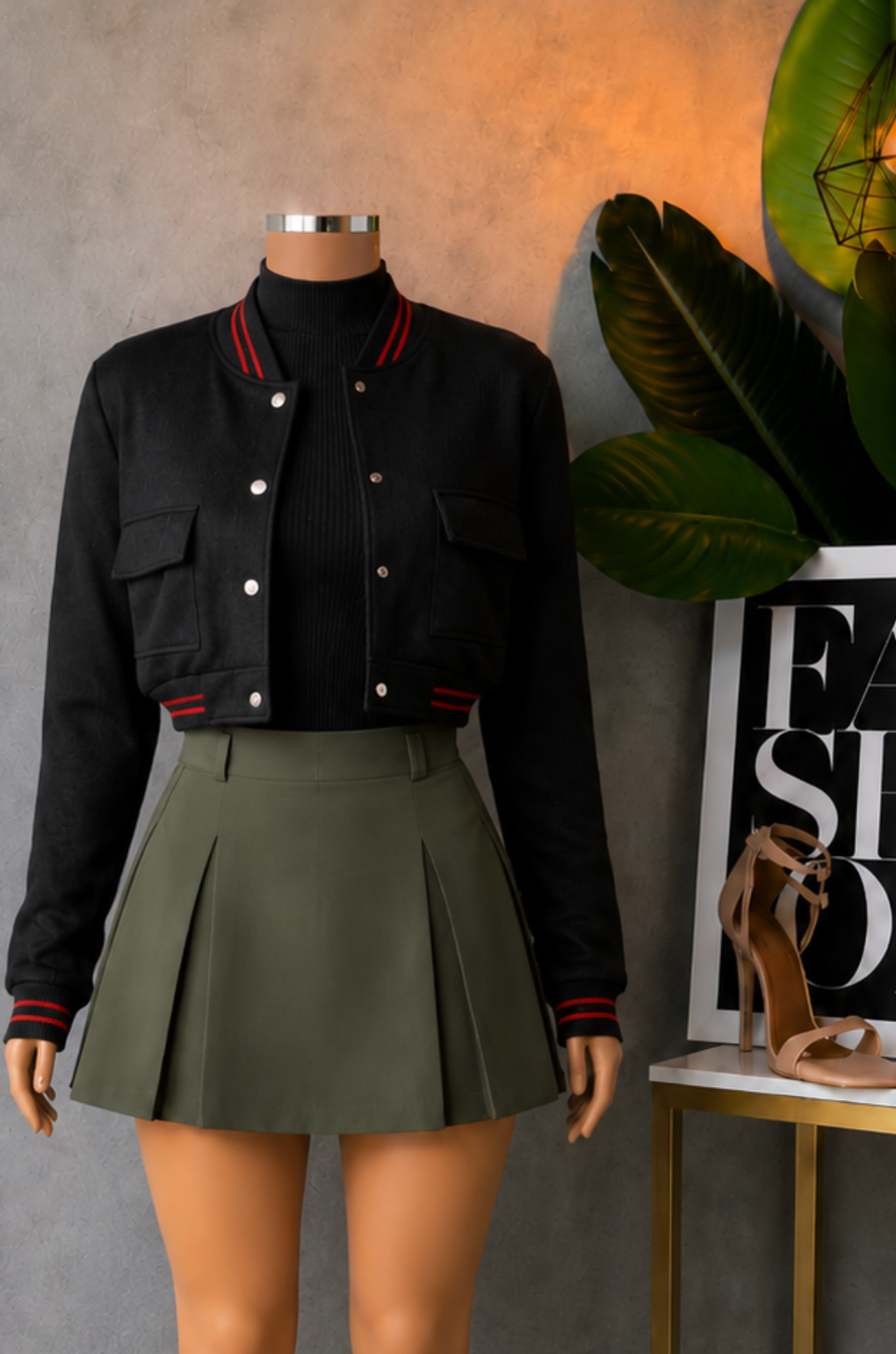 Conjunto Chaqueta Beisbolera + Blusa Cuello + Falda Prences