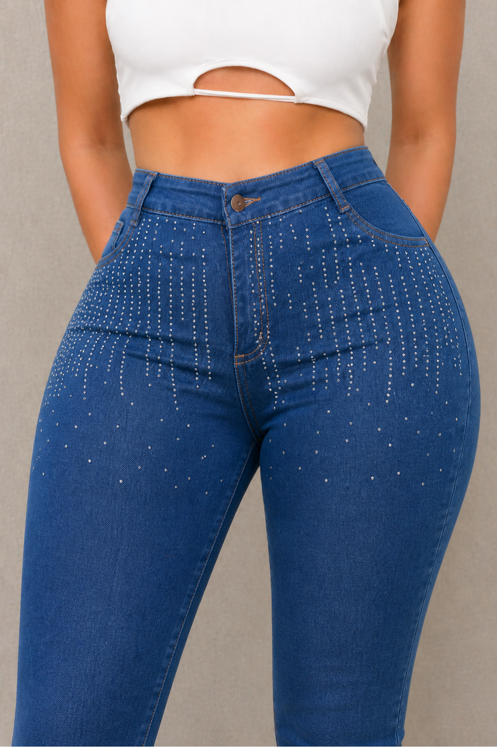 Jean skinny tiro alto con brillos con horma para mujer