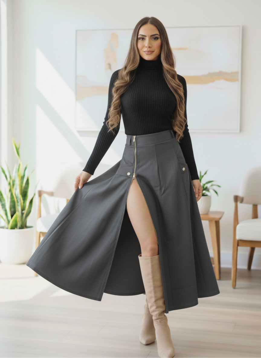 Conjunto Falda larga Cremallera y Blusa cuello alto