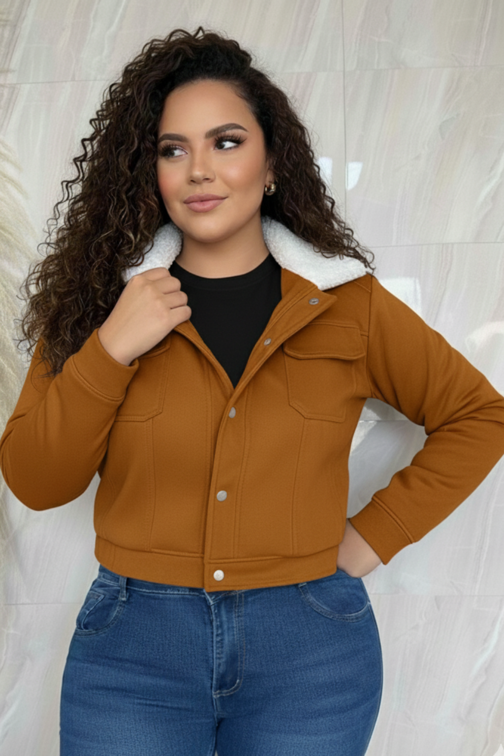 Chaqueta de gamuza para mujer con cuello peluche en talla plus