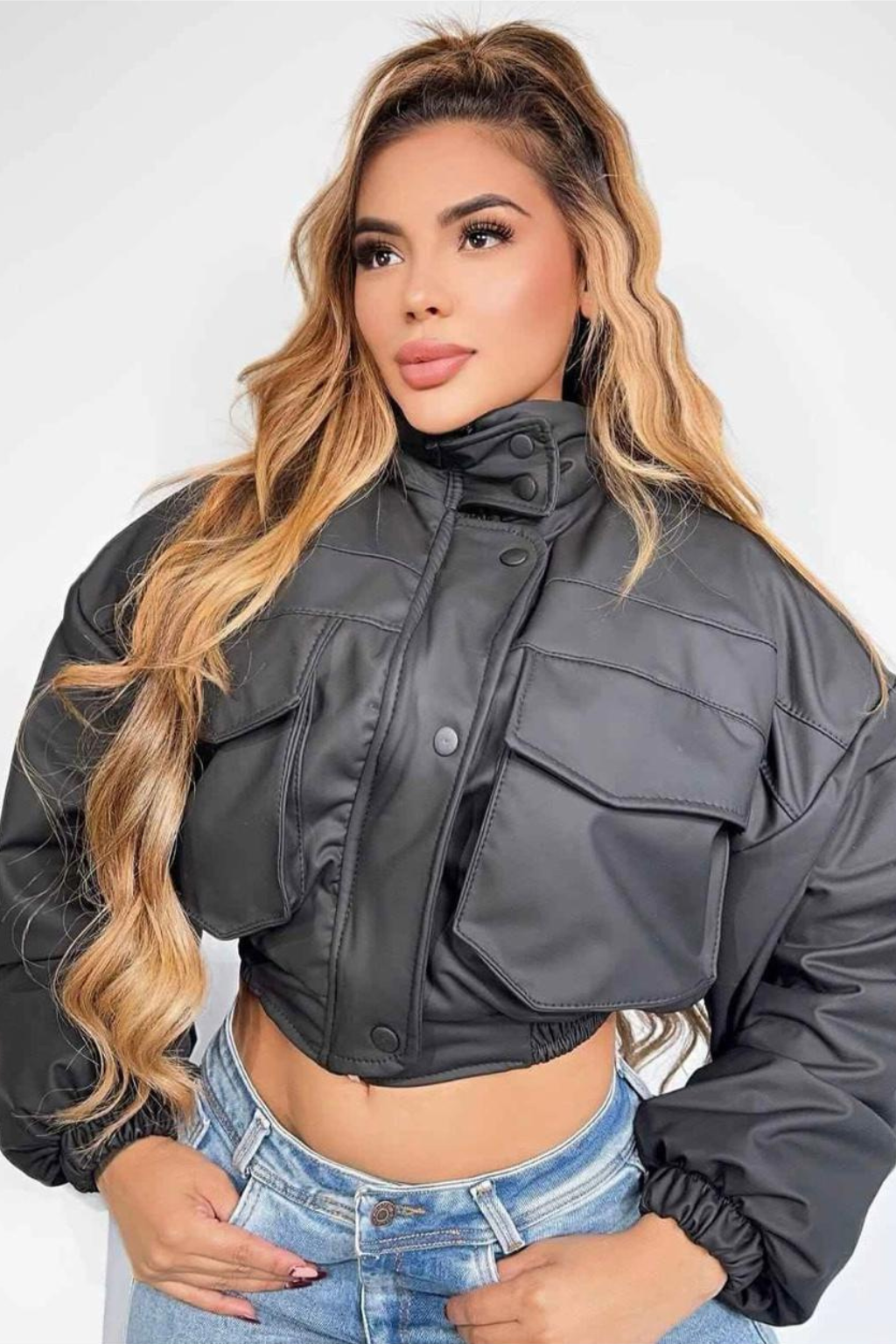 Chaqueta Cauflada de Cuero Sintético para Mujer