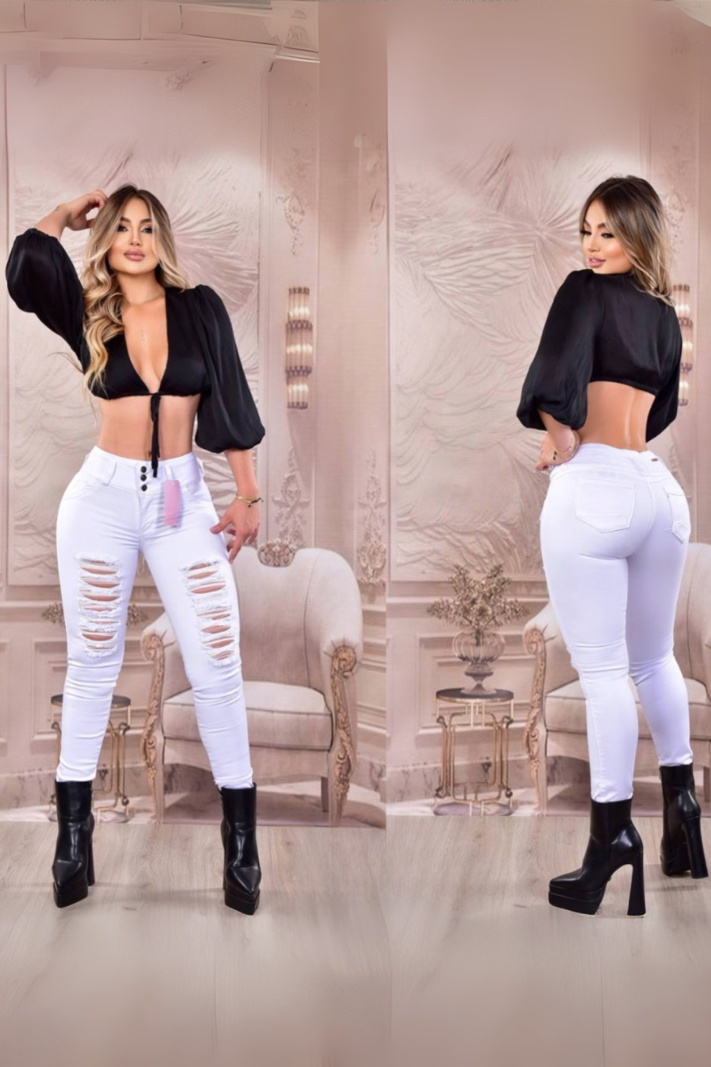 Pantalon  Skinny Con Rotos 3 botones y  Con Bolsillo