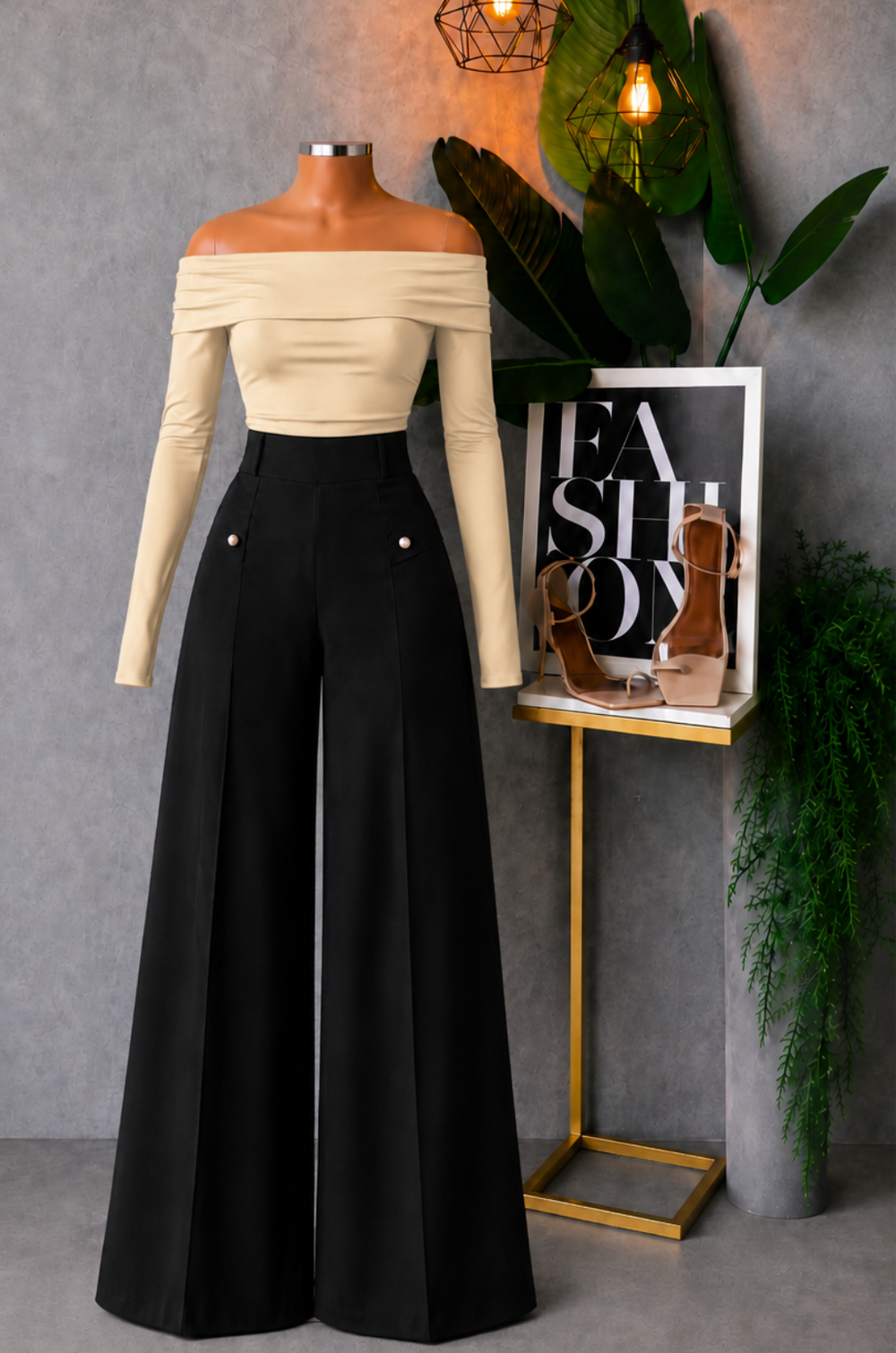 Conjunto de Pantalon Palazo tiro Alto + Blusa Cuello Bandeja