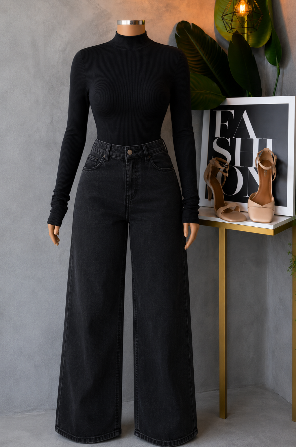 Conjunto de Pantalo de Jean Bota recta + Blusa Cuello Alto