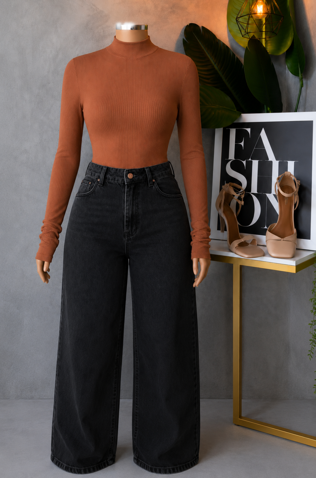 Conjunto de Pantalo de Jean Bota recta + Blusa Cuello Alto