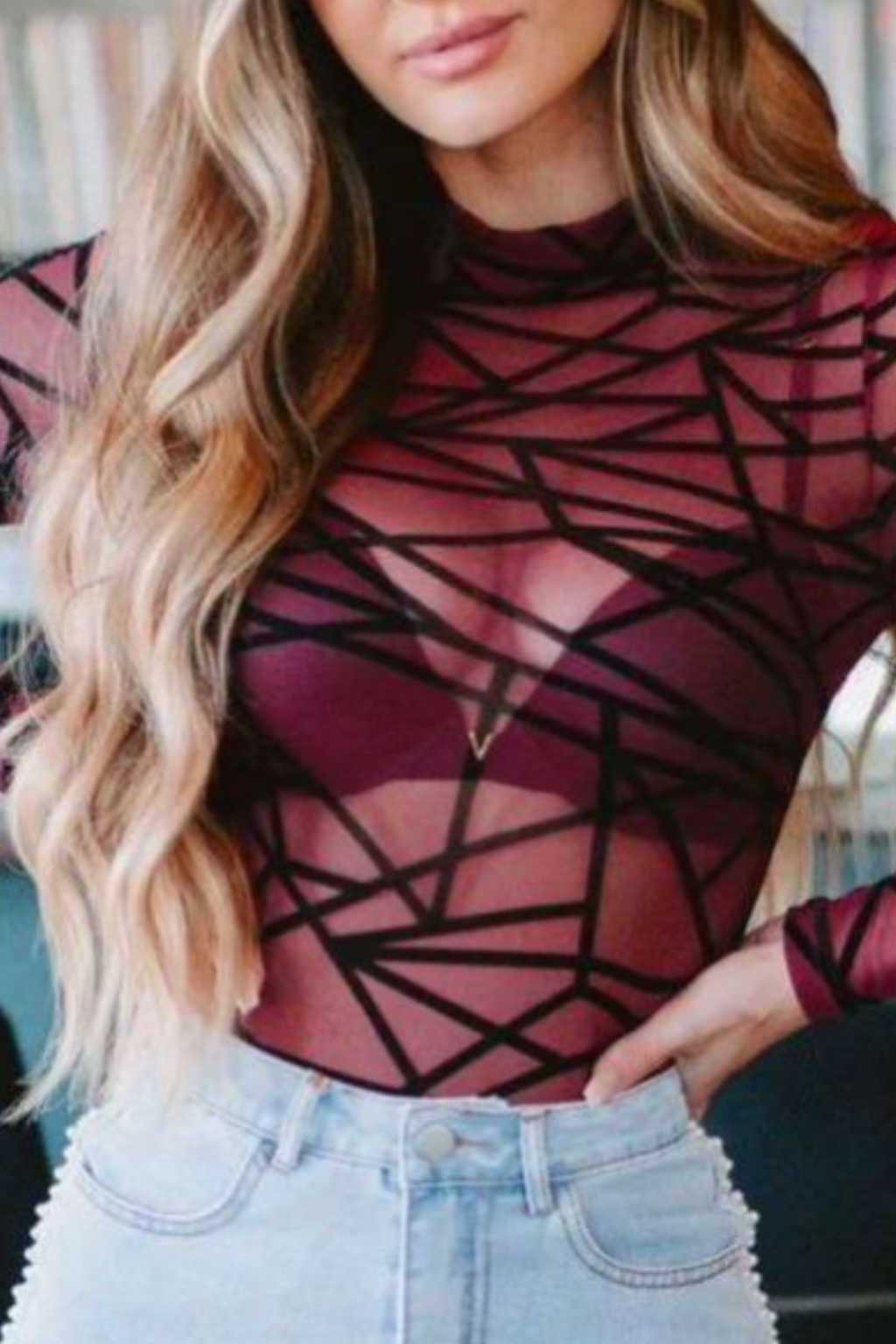 Body Transparente Negro Con  Manga Larga Mujer