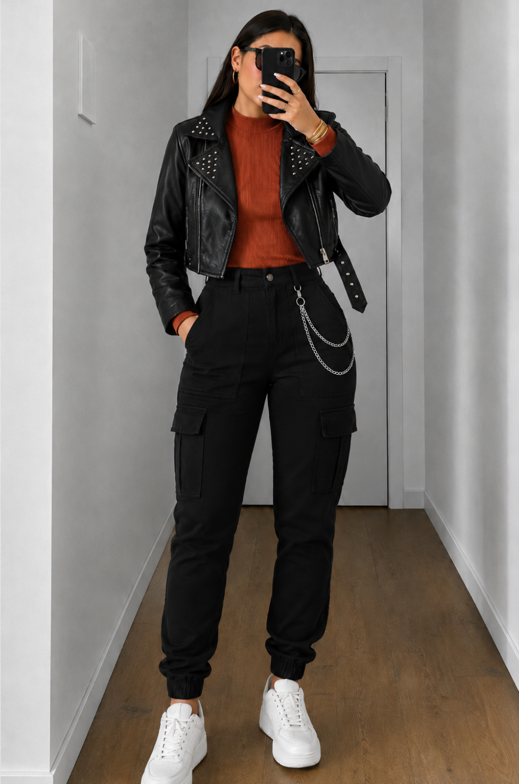 Conjunto de Chaqueta Chamarra + Pantalon Cargo + Blusa cuello Alto