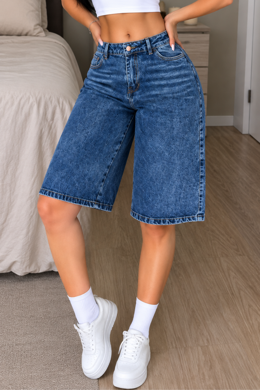 Bermuda Jean Tiro Alto Bota Amplia