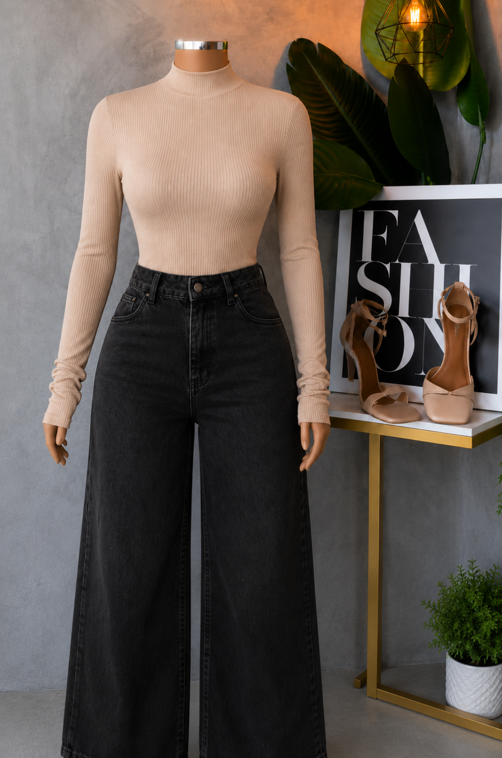 Conjunto de Pantalo de Jean Bota recta + Blusa Cuello Alto