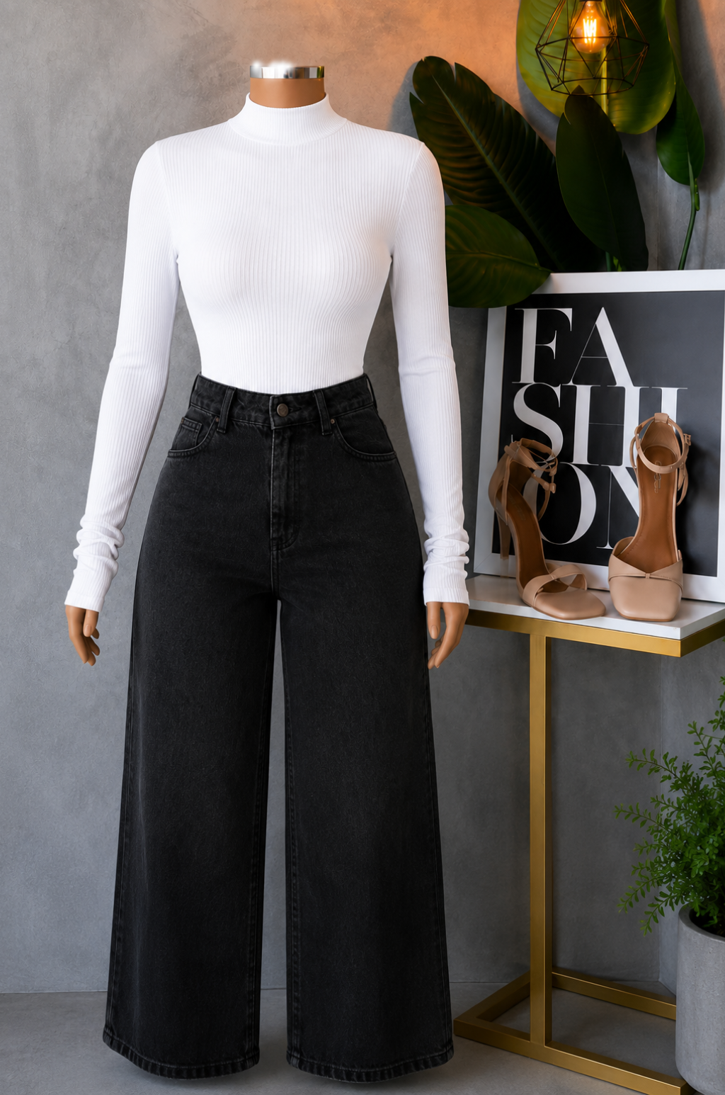 Conjunto de Pantalo de Jean Bota recta + Blusa Cuello Alto