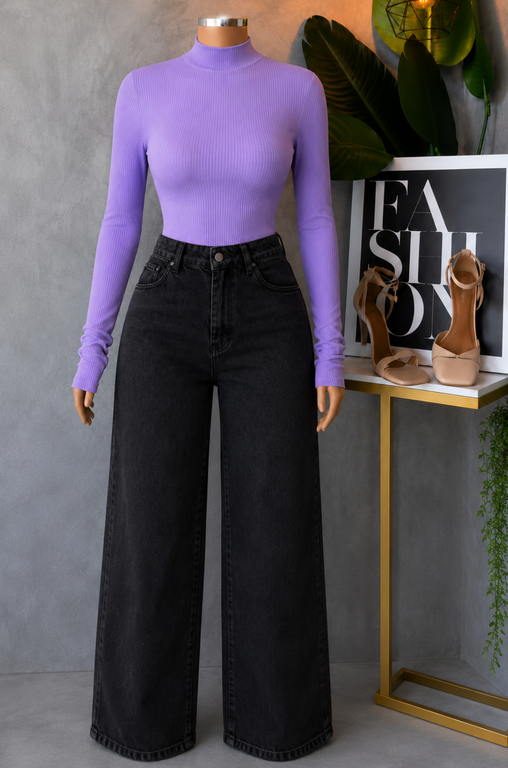 Conjunto de Pantalo de Jean Bota recta + Blusa Cuello Alto