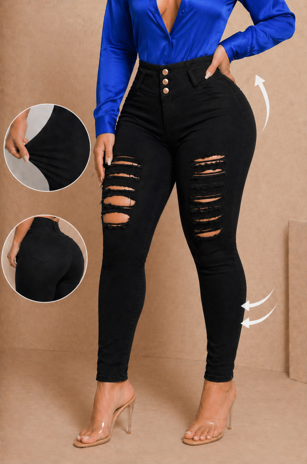 Pantalon  Skinny Con Rotos 3 botones y  Con Bolsillo