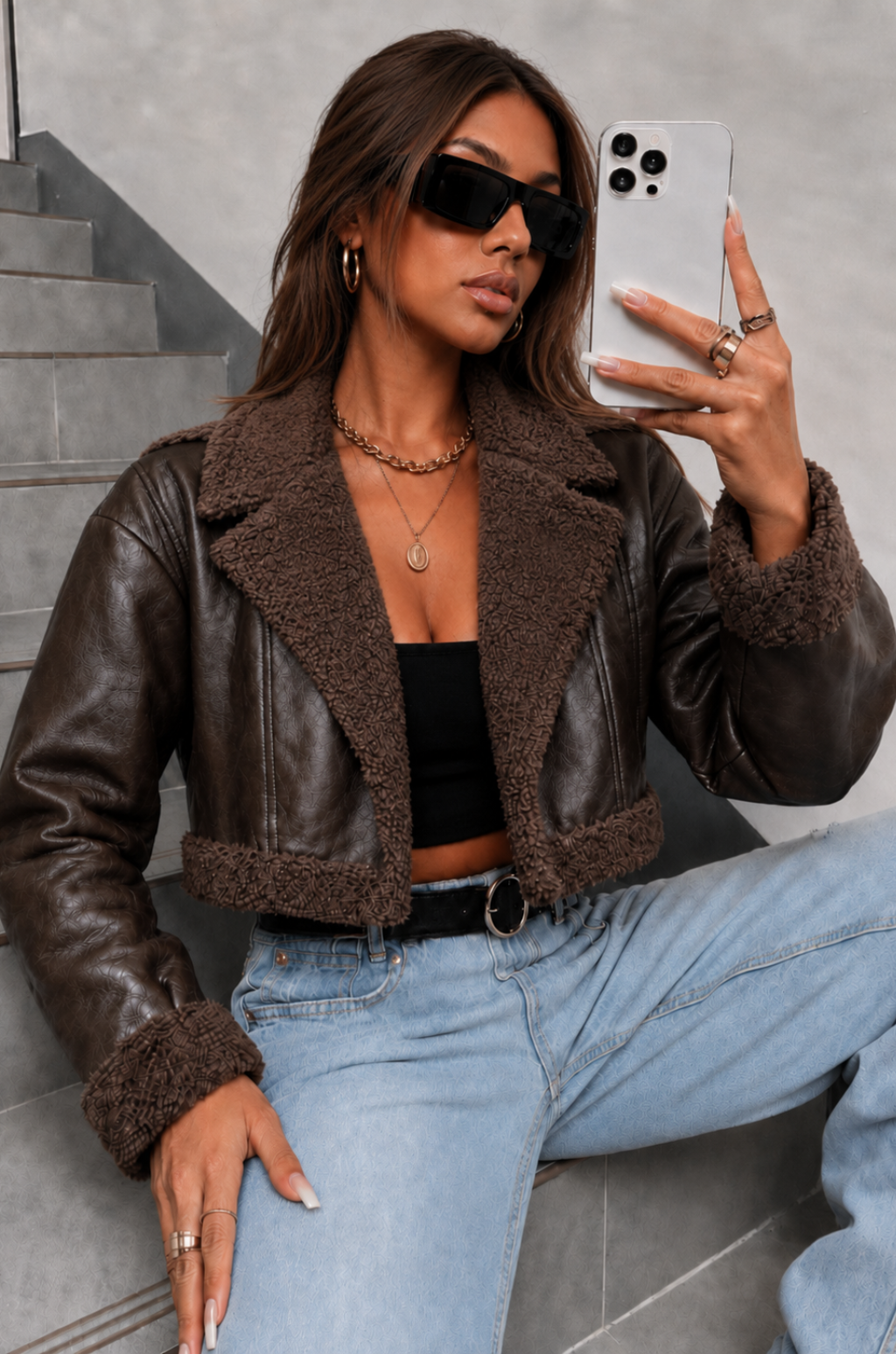 Chaqueta Efecto Cuero con Cuello Solapa y Detalles Tipo Borrego