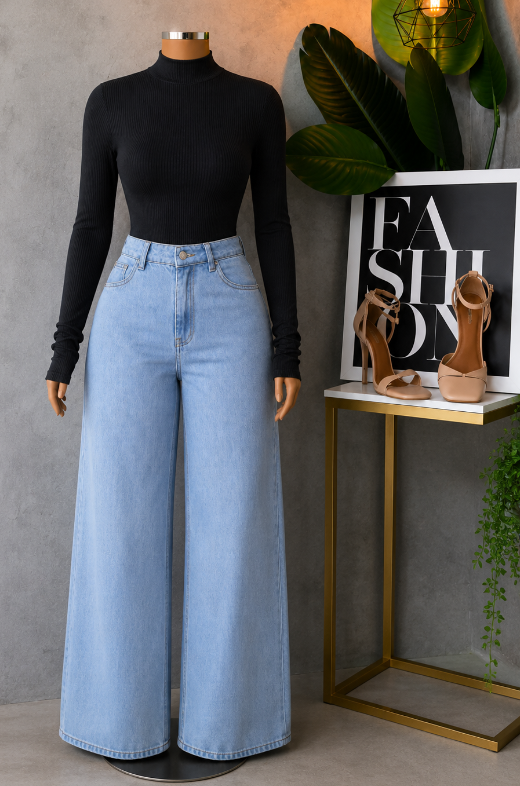 Conjunto de Pantalo de Jean Bota recta + Blusa Cuello Alto