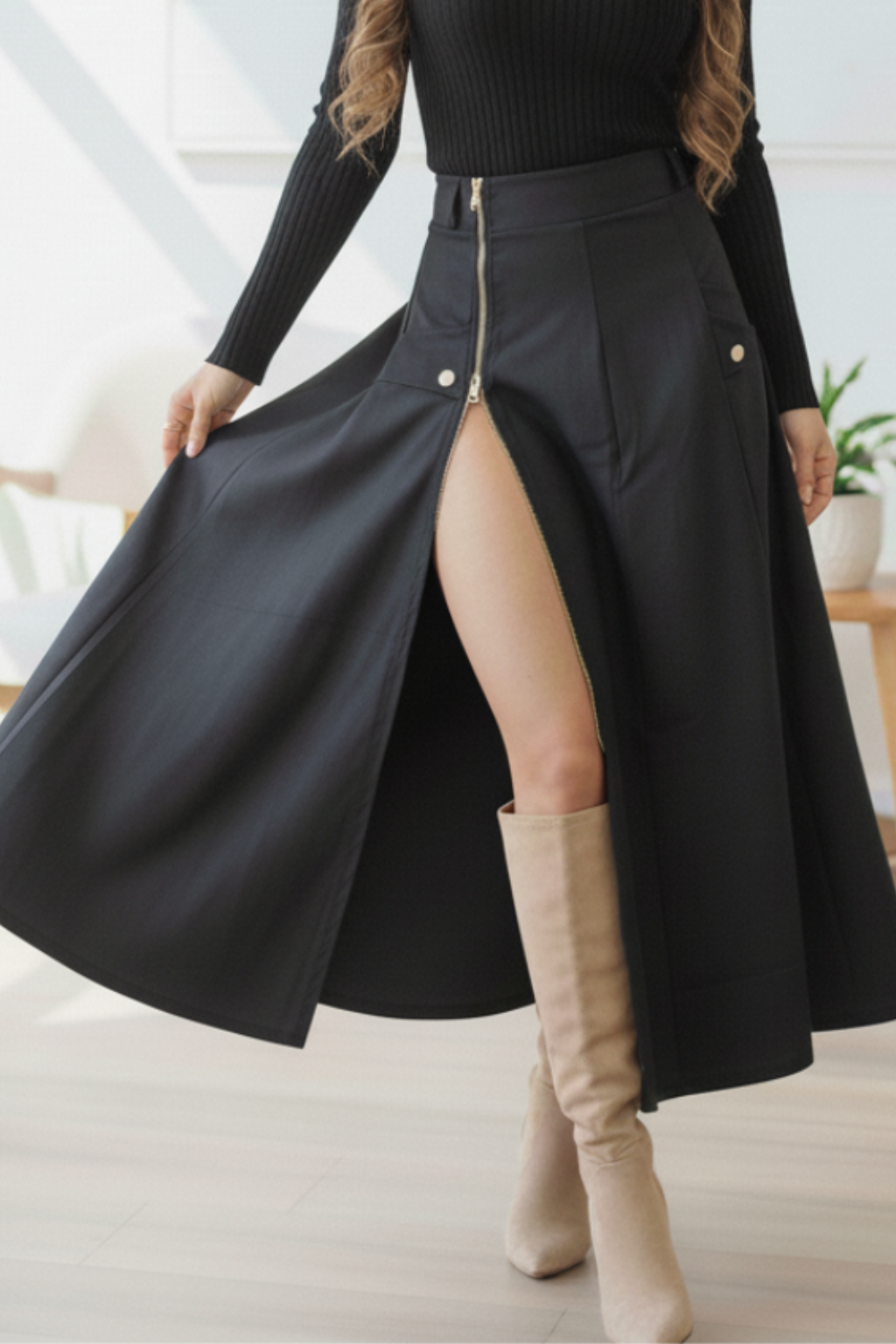 Conjunto Falda larga Cremallera y Blusa cuello alto