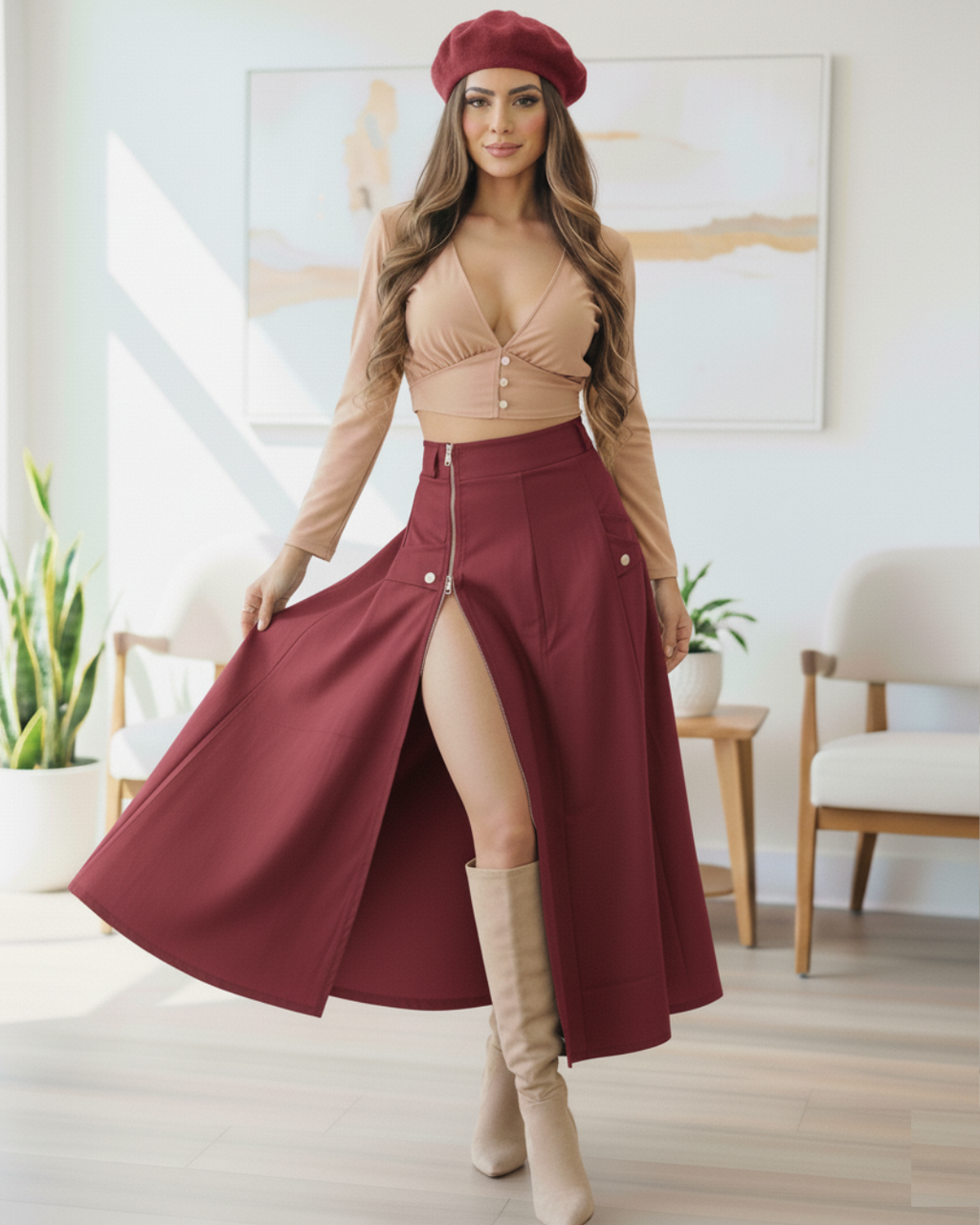 Conjunto Blusa cuello V y Falda larga