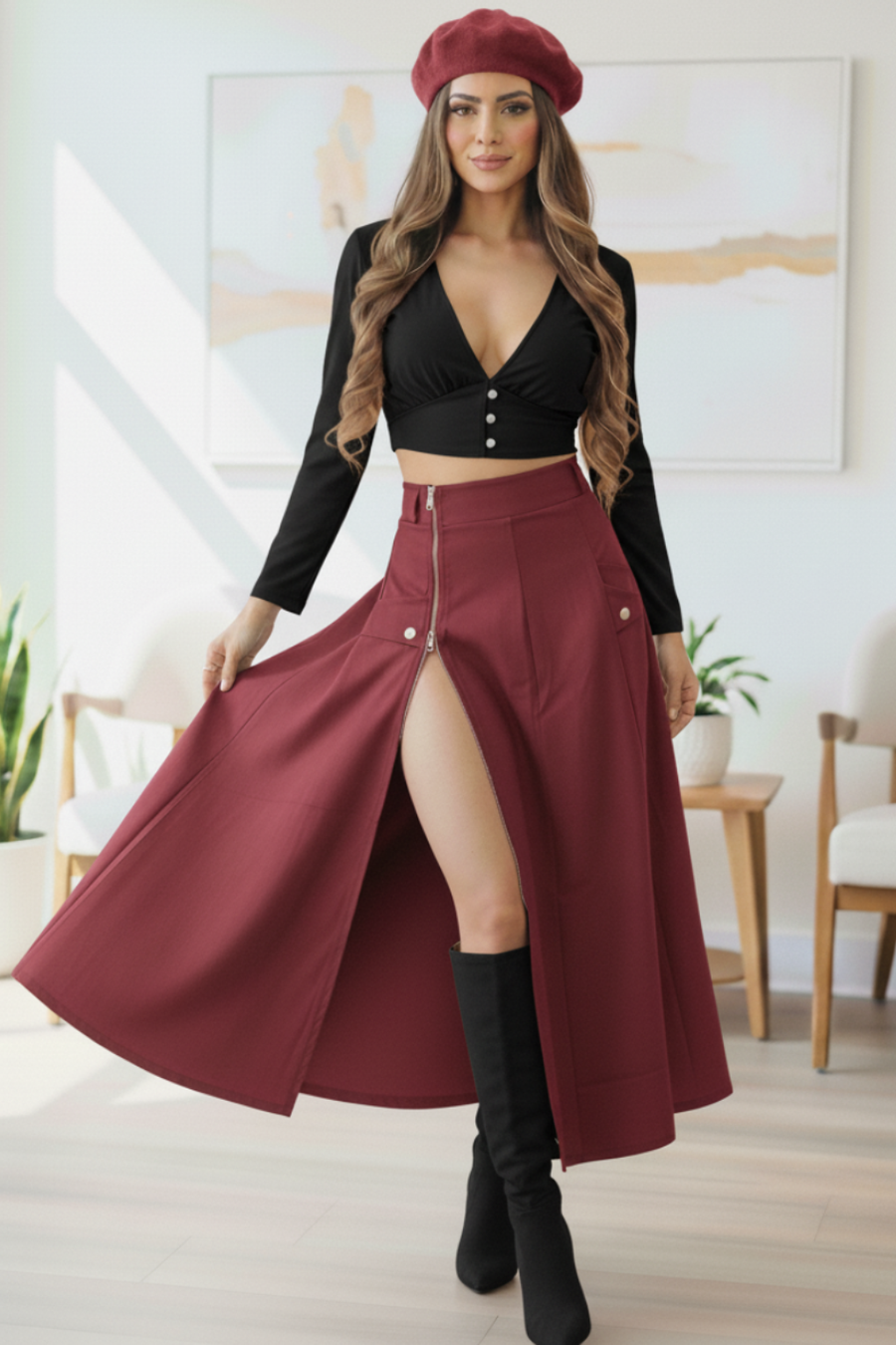 Conjunto Blusa cuello V y Falda larga