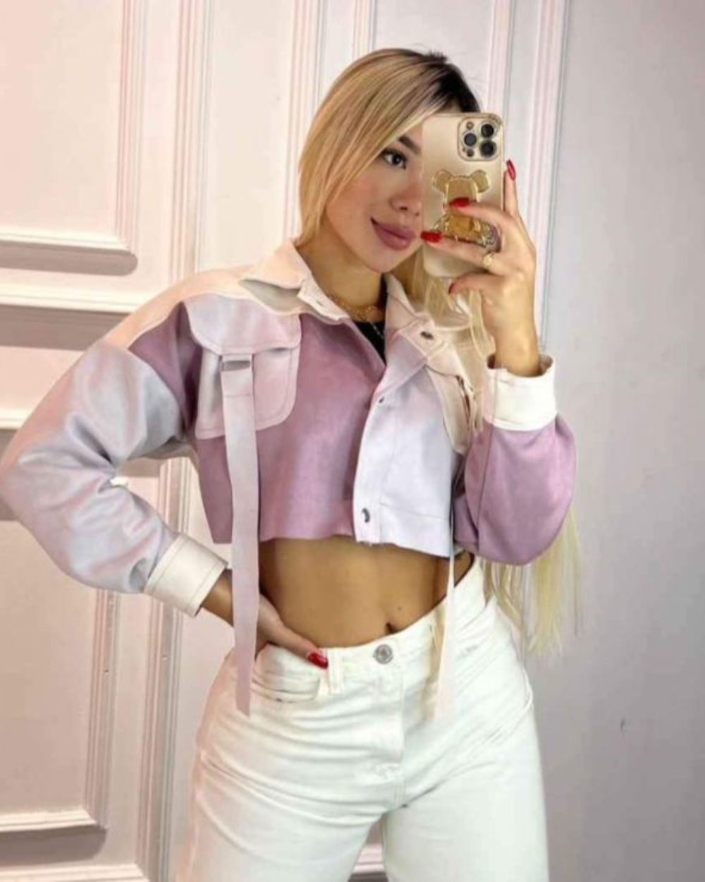 Chaqueta Clasica Para Mujer Combinada  En Gamuza