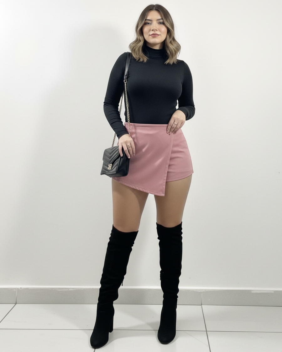 Conjunto Blusa cuello y Falda Short Gamuza