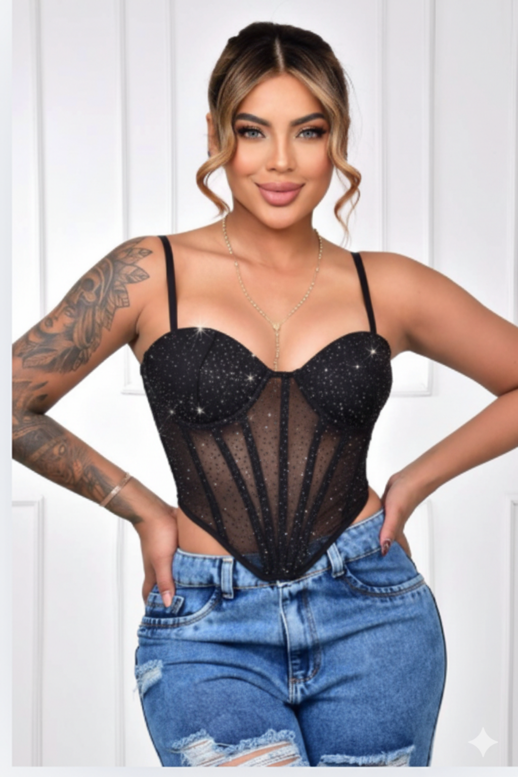 Corset Negro con Malla y Brillos Mujer